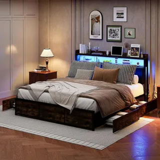 Moonbite Bett mit Stauraum 180x200 cm – LED, 4 Schubladen, Lattenrost, Holz, industrial - Schwarz