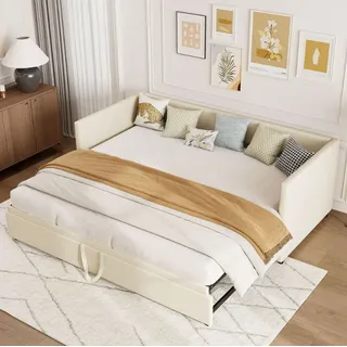 CDGlobal Tagesbett Ausziehbar Schlafsofa Samtstoff Bett Bettgestell Bettsofa Gästebett Jugendbett mit Lattenrosten Einzelbett/Doppelbett Samtstoff... - Beige