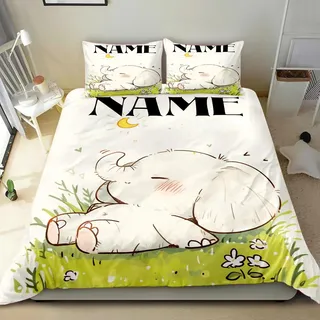 SHROUDEX Personalisierte Süße Elefant Bettwäsche Mit Namen, Kinder Cartoon Tier Bettbezug mit Reißverschluss, Kinderbettwäsche Mit Namen für Jungen und Mädchen (Single 135x200CM)