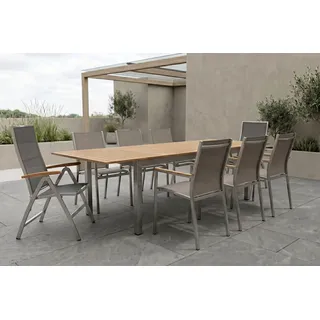 STERN Cardiff Garten-Essgruppe, silber/silbergrau, Edelstahl/Teak, Tisch 200/300 x 100 cm, 6 Stapel-, 2 Klappstühle, FSC®-zertifiziertes Produkt
