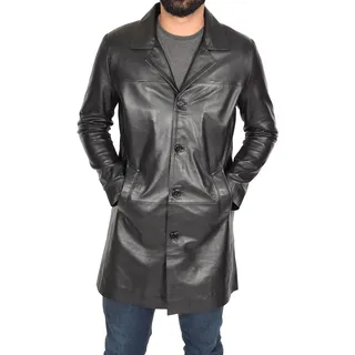 Herren 3/4 Lange schwarz Leder Mantel Crombie Style Jacke Überzieher Klassischer Trench - Jones - 56