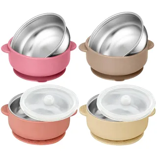 SonPen 4 Stück Edelstahl Baby Schüssel mit Groß Saugnapf, 2 in 1 Breischale Baby mit Abnehmbar Silikonhülle, Rutschfeste Breischale Kinderschüssel BPA-frei für Kinder Kleinkinder ab 6 Monaten(Rosa)