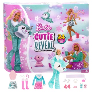 Barbie Cutie Reveal Adventskalender - 24 Überraschungen, Puppe, Glitzerrentier, Winteroutfits, Accessoires, Minihaustiere, für Kinder ab 3 Jahren, HJX76