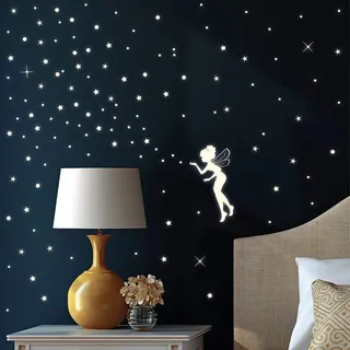 Wandtattoo Loft Leuchtsterne Kinderzimmer, Elfe mit Sternen und Punkten, 131 Stück, selbstklebende und fluoreszierende Lichtersterne, Nachtsterne, Leuchtende Sterne Aufkleber, Leuchtesterne Wand