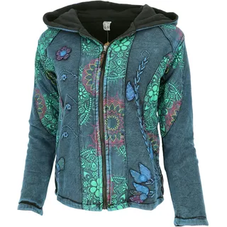 GURU SHOP Goa Patchwork Jacke, Bestickte Boho Kapuzenjacke mit Fleecefutter, Ethno Jacke - Petrol, Damen, Size:L - 42