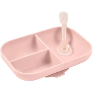 Béaba, Baby-Essensset, mit Saugnapf, rutschfest, Silikon-Teller mit Fächern + Löffel, gesund und langlebig, spülmaschinen-, mikrowellen- und gefrierfest, pflegeleicht, Rosa