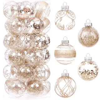Sea Team 60 mm/2,36 Zoll bruchsicherer, durchsichtiger Kunststoff-Weihnachtskugel-Ornament-Set mit Glitzermalerei, transparent, durchsichtig, Kristallkugeln, Weihnachtsbaumschmuck (30 Stück)