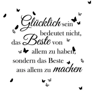 yabaduu Wandtattoo Spruch Glücklich sein 100x81cm Wanddeko Zitat Wandsticker Aufkleber selbstklebend mit Schmetterlingen für Wohnzimmer Büro Schlafzimmer Esszimmer Flur YX005 (Schwarz)
