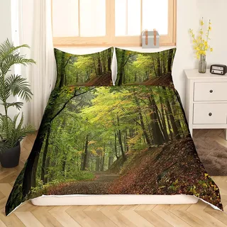 Loussiesd Wald Bettwäsche Set 155x220 cm Herbst Wald Baum Bettbezug Set Bäume Nebelig Drucken Bettwäsche mit 1 Kissenbezügen Weiche Mikrofaser Reißverschluss Waldszene Betten Set Leichtgewicht