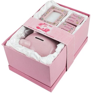 BRUBAKER Spardose Baby Geschenkset 'Mein erstes Sparschwein', Sparschwein Set für erstes Spargeld, erste Milchzähne, Haare und mit Bilderrahmen rosa