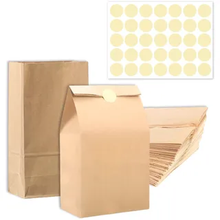 30 Stück Kraftpapier Tüten, Papiertüten Klein,(28x15x9cm), Geschenktüten aus Braunem Papier mit Aufklebern, Brottüten Papier für Kindergeburtstag, Hochzeit, Weihnachten, DIY Adventskalender