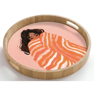 OnlyWow Tablett Rund mit Henkel Mädchen - Decke - Gestreift - Orange, Eichenholz, (1-tlg), Servierbrett Groß, Tischdeko, Platte, Tisch Deko 50 cm x 50 cm x 5 cm