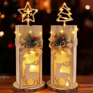 Weihnachtsdeko Innen, Weihnachtsdeko Holz mit LED Licht, Hirsch Deko Weihnachten mit Stern Tannenbaum, Stimmungsvolle Weihnachtsdekorationen für Fensterbank Tisch