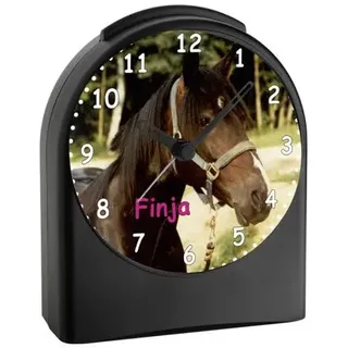 CreaDesign, WU-50-1079, Pferd, analog Kinderwecker schwarz, Funkwecker ohne Ticken, mit Licht, personalisiert mit Namen, 9,6 x 5,5 x 11,9 cm, 104 g