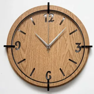 Moderne 3D-Wanduhr in Eichenoptik | EICHE Silberne Hände 40 cm