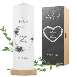 GRAVURZEILE Bedruckte Kerze - Perlenhochzeit Design - Personalisiert mit Namen, Datum & Wunschtext - Geschenk für Paare zu 30 Jahre Perlen Hochzeit - Hochzeitskerze Stumpenkerze 250/80 mm - Weiß