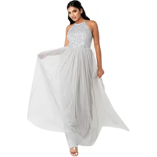 Maya Deluxe Women's Pailletten Cocktailkleid Damen Tüllkleid Kleid Nackenband Abendkleid Elegant für Hochzeit Brautjungfernkleid Bridesmaid Dress, Soft Grey, 42