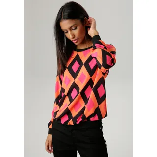 Aniston SELECTED Shirtbluse mit unifarbenen Bündchen und Retro-Muster Orange/Pink/Schwarz 44
