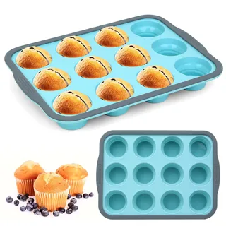 JHFRESTHART Silikon Muffinform 12er mit Metallrahmen, Antihaft Muffinblech, Wiederverwendbare Muffinförmchen für Muffins, Cupcakes & Brownies