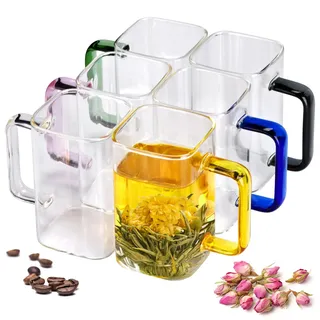 QHYK Transparente Gläser, 6er 300ml Quadratisches Form Kaffeetassen mit farbigen Henkel, Einzigartiges Design, passend für Teegläser, Saftgläser, Kaffeegläser, Cappuccino, Partei, Hochzeiten