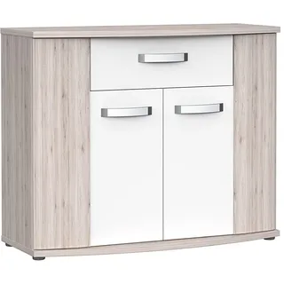 Forte Rondino Kommode mit 2 Türen und 1 Schublade, Holzwerkstoff, Sandeiche mit Weiß Hochglanz, 43 x 99,7 x 81,5 cm