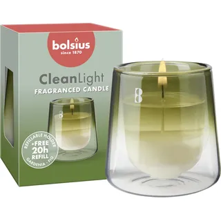 Bolsius - CleanLight Starterset - Nachfüllbare Duftkerze - Halter & Nachfüllung - Gardenia & Feige - Grün - Brenndauer 20 Stunden - Enthält Natürliches Pflanzenwachs - Nachhaltiges Konzept