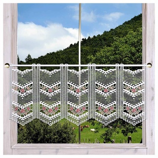 Landhaus-Scheibengardine Rosalie in rot aus Plauener Spitze Mini-Scheibenhänger mit Rosen-Blüten und Karo-Muster 35 x 96 cm