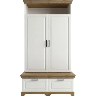 OTTO home Wäscheschrank OTTO HOME "Rügen XXL– Landhaus-Charme mit maximalem Stauraum, zeitlos schön", weiß (weiß, honig), B:127cm H:216cm T:70cm, Massivholz, Schränke, Integrierte Sitzbank + Schubladen: Stauraum für Schlafzimmer+Diele
