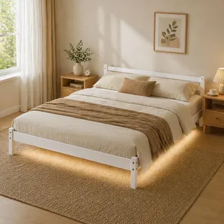 FurnitureR Massivholz Doppelbett 140x200 cm mit LED Beleuchtung, Kiefernholz Bettgestell, Niedriges Kopfteil, Stabile Lattenrost-Unterstützung, Bett mit Stauraum, Weiß