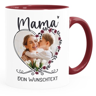Tasse Mama Herz-Rahmen personalisierbar mit eigenem Foto Wunschtext persönliches Muttertagsgeschenk SpecialMe® weiss-innen-bordeauxrot Keramik-Tasse
