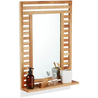 Relaxdays Badspiegel, mit Ablage, Holzrahmen, rechteckiger Badezimmerspiegel, HxBxT: 70 x 50 x 12 cm, natur