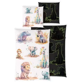 Carpe Sonno Kinderbettwäsche 135 x 200 Jungen Mädchen Leuchtende Bettwäsche Kinder Tiere Baumwolle, Renforcé, 2 teilig, GLOW IN THE DARK Bettbezug 135x200 - Löwe, Elefant, Giraffe bunt|weiß