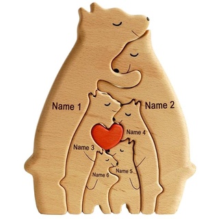 BOWTONG Personalisiertes Bären-Familienpuzzle aus Holz, Herz-Kunstpuzzle mit 2–8 Familiennamen, Tierpuzzles, Bärenskulpturen aus Holz, Ornament, Schreibtischdekoration