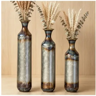 BlingBin Bodenvase 3er Set Handgefertigte Metallvase, Massivmetall Deko-Vase - 52/62/72cm (3er Set, 3 St., Groß: 14*14*72cm/Mittel: 14*14*62cm/Klein: 14*14*52cm), Handgebrannte Vintage-Optik für Wohnzimmer & Flur, Nicht Wasserdicht silberfarben
