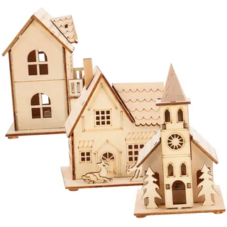 Toyvian Holz LED Weihnachtshaus Beleuchtet Holzhaus: 3 Stücke Weihnachtsdorf Häuser Winterdorf Weihnachtsstadt mit Beleuchtung Weihnachten Tichdeko Miniatur Haus Xmas Deko Objekt Kinder