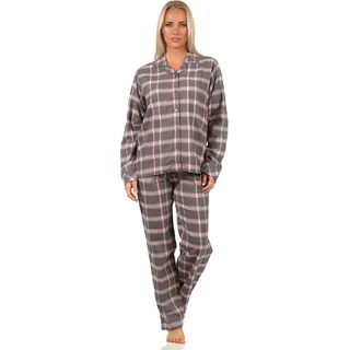 Damen Flanell Pyjama Schlafanzug kariert mit Knopfleiste und Hemdkragen - 291 201 15 556 - 44-46