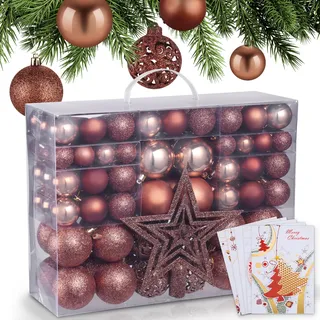 ONBEST Weihnachtskugeln 128-teiliges Set – 1x Baumspitze Glitzer Stern & 127x Kugel – mit Verpackung – Weihnachtsschmuck Deko für Drinnen & Draußen aus Kunststoff – Plus 5X Karte (Braun)
