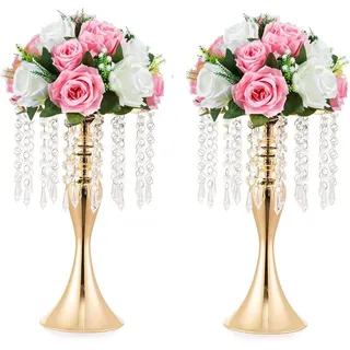 LANLONG Kerzenhalter aus Acryl mit Kunstkristallen in Gold/Silber, Blumenvase, 2 Stück Hochzeit Herzstück Lead Road Kerzenhalter für Hochzeit Event Dekoration (Gold, 33cm)