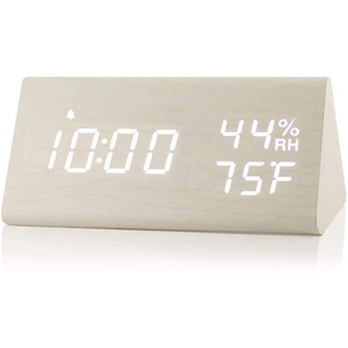 TOPINCN Digitaler Wecker, Holzwecker mit Elektronischer LED-Zeitanzeige, Feuchtigkeits- und Temperaturerkennung, 3 Alarmeinstellungen, 3 Helligkeitsstufen, Elektrische Uhr für (Weiße Holzfarbe)
