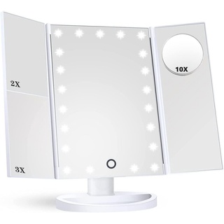 Sross LED-Lichtspiegel Kosmetikspiegel, Faltbarer 3 Seiten Make-up-Spiegel Schminkspiegel (rasierspiegel Touchscreen LED faltbar dimmbar 180 Grad einstellbar Drehung), 2X 3X 10X Vergrößerungsspiegel weiß