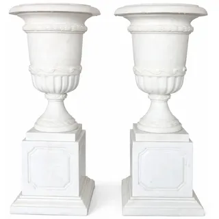 Casa Padrino Luxus Barock Marmor Blumentopf Set auf Säulen Weiß H. 110 cm - Garten Deko