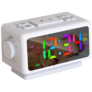 DollaTek Multifunktionaler FM Radio Wecker RGB Spiegel LED Digitalanzeige Desktop Ladeuhr mit Dual USB Ausgang dimmbarer Nachttisch-Schlummerwecker – Weiß