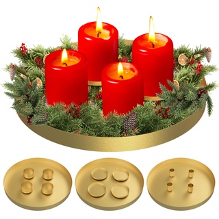 3 in 1 Magnetischen Kerzentablett, 30cm Adventskranz Metall Kerzenhalter Stumpenkerze, Stabkerzen, Magnet Kerzen Leuchter Ständer, Magnetischen Teelichter Deko Kerzenhaltern für Weihnachten (Gold)