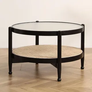Runder Couchtisch Aus Holz Mit Rattan-ablagefach, 2-stöckiger Boho-mid-century-modern-glasplatte-snack-teetisch, Cocktailtisch, Sofatisch Für Wohnzimmer Und Schlafzimmer(Size:70x70x45cm,Color:Svart)