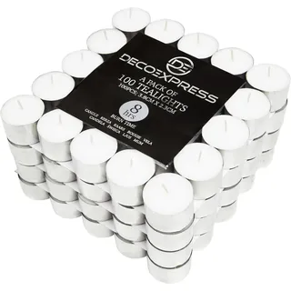 DECO EXPRESS Teelichter Großpackung, 24, 25, 50, 100 oder 200 Teelichter Lange Brenndauer 4, 8 oder 10 Stunden (Weiß, 100/8 Stunden)