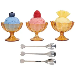 3 Stück Dessertschalen Set, Groß Mittel Klein Eisbecher, Blumenmuster Dessertbecher Fußschale mit Edelstahllöffel Wiederverwendbar Salatschale Milchshakebecher Snackbecher Dessertgläser Servierschale