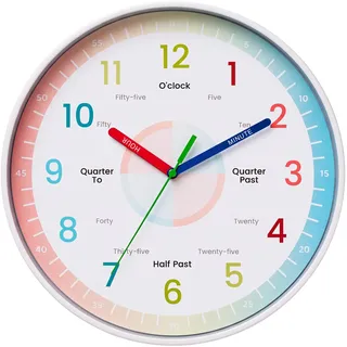 Lernuhr Wanduhr 30 cm Lautlos, Bunte Analoguhr für Schüler | Beschriftete Zeiger & farbige Viertel erleichtern Schülern das Zeitablesen