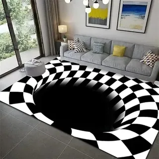 Vortex Teppich 3D Illusion Teppich Optische Täuschung Teppich 3D Matte Vortex Bodenlose Lochmatte 3D Swirl Teppich Karierter Teppich Schwarz und Weiß für Zuhause Schlafzimmer Wohnzimmer Badezimmer