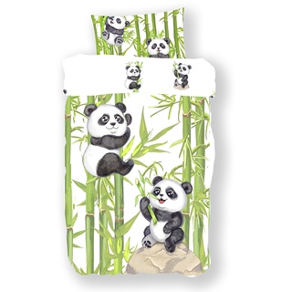 Koru Kids® Panda Kinderbettwäsche 135x200 cm – 2-teiliges Set mit Kissenbezug 80x80 cm – Bettwäsche 135x200 Kinder – 100% Baumwolle – Wendebettwäsche – Bettwäsche Mädchen Junge