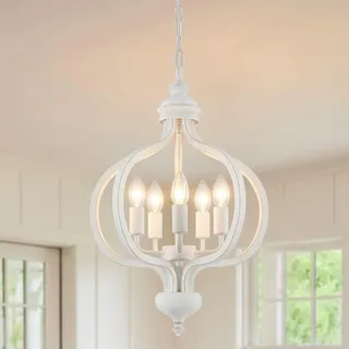 WTUOING Vintage Kronleuchter Weiß 5 Flammig Modern Kronleuchter Weiss Pendelleuchte Landhausstil Shabby Hängelampe Rustikale Deckenlampe für Wohnzimmer, Schlafzimmer, Esszimmer, Flur